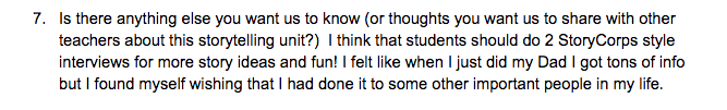  Excerpt from a student's reflection about our storytelling unit. 