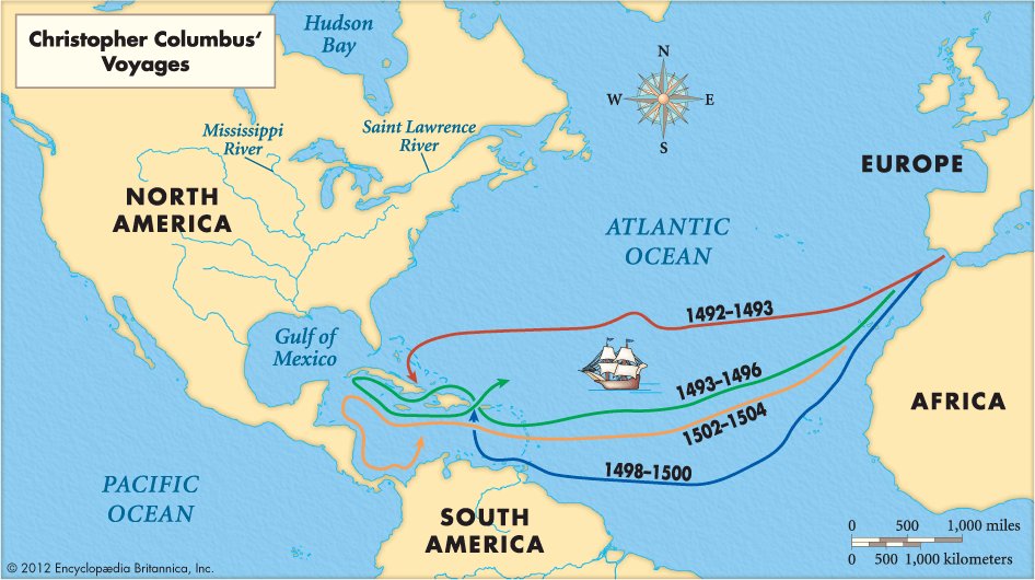  Map of the four voyages of Christopher Columbus from  Britannica Kids . 