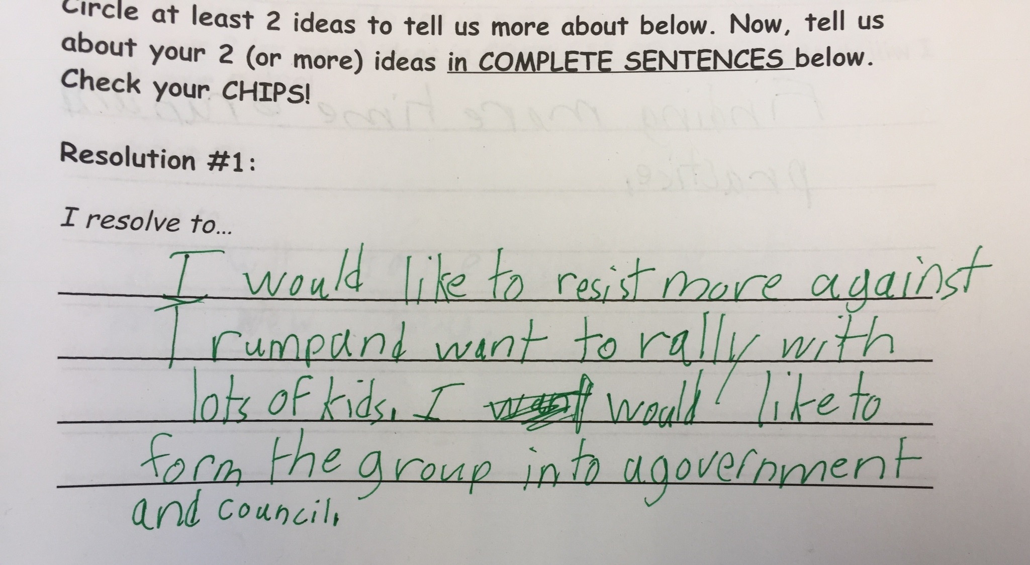  One of our student's New Year's resolutions - resist MORE against Trump! 