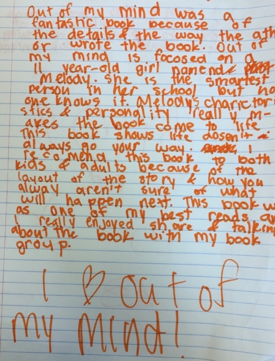  Student book review for   Out of My Mind  by Sharon Draper  after our book clubs wrapped up. 