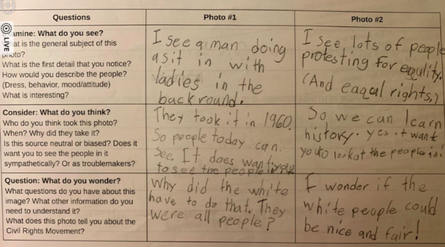  One student’s responses after/while looking at the photographs. 